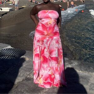 Pink Floral Strapless Maxi Dress